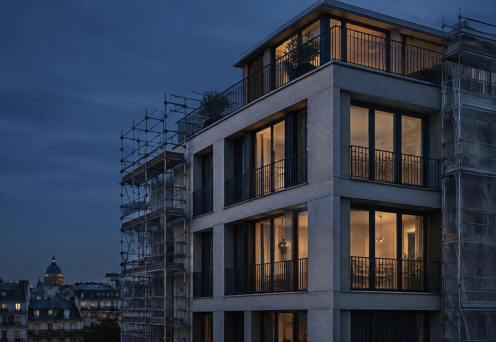 Immeuble en cours de rénovation au crépuscule